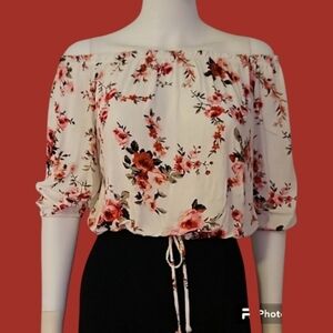 5/$25 VTG WILD LOVE Rose Off Shoulder Tie Waist Cropped Blouson Top Small